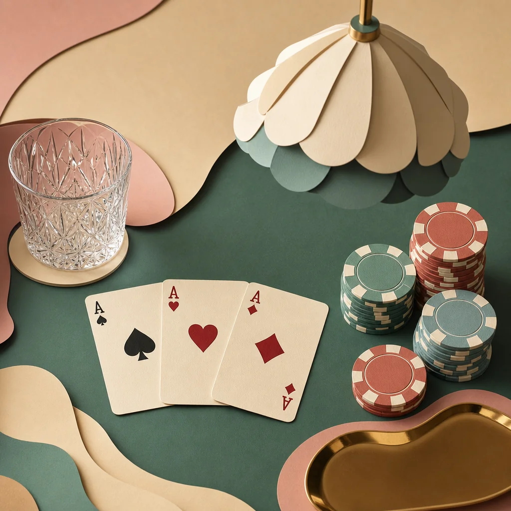 Paper-cut casino cards fanned on pastel table